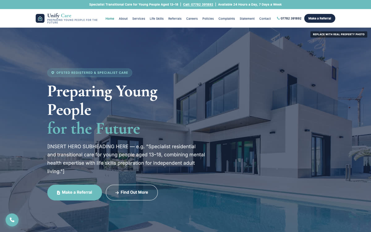 Unify Care homepage — specialist transitional care service website