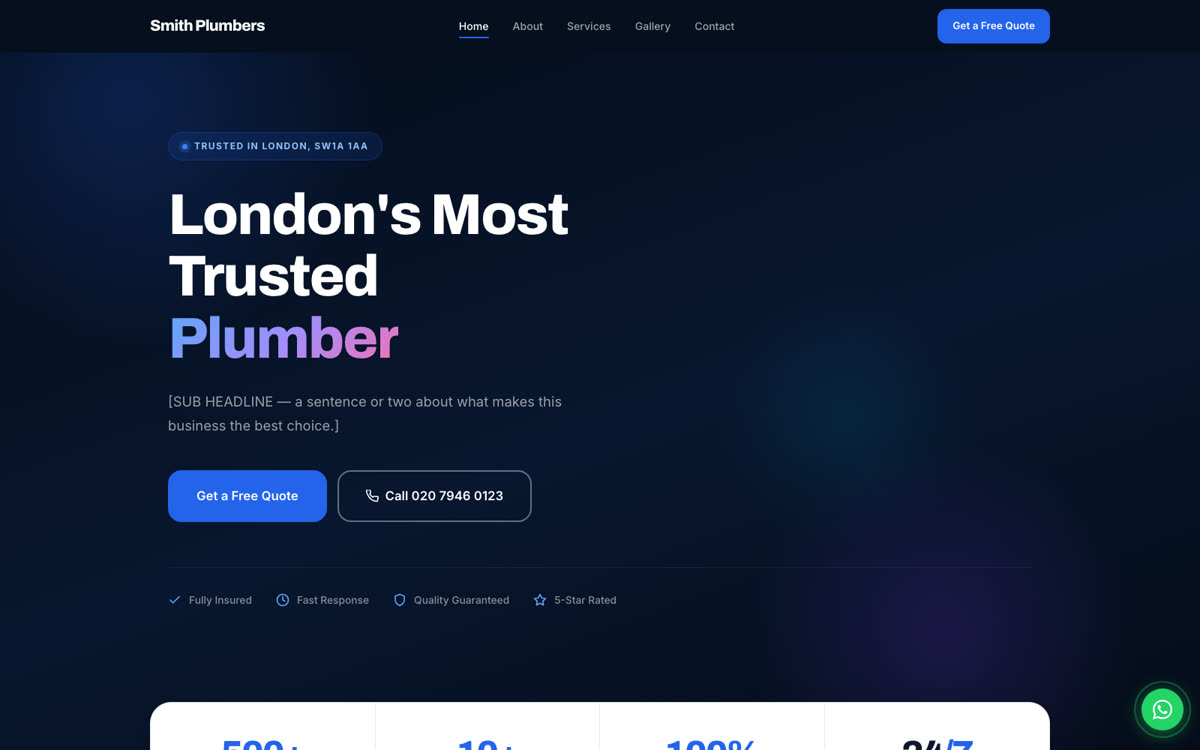 Smith Plumbers homepage — trades and plumbing demo website